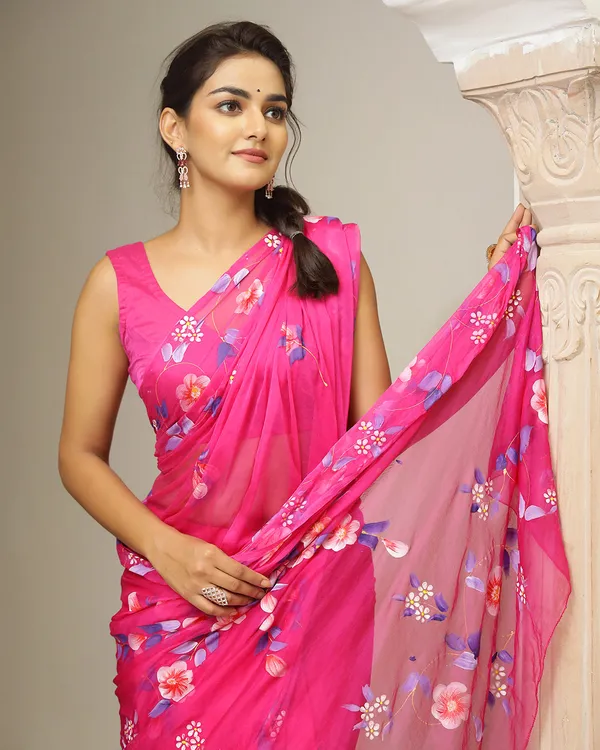 Magenta_Floral_H_Painted_Chiffon_Saree_For_Women